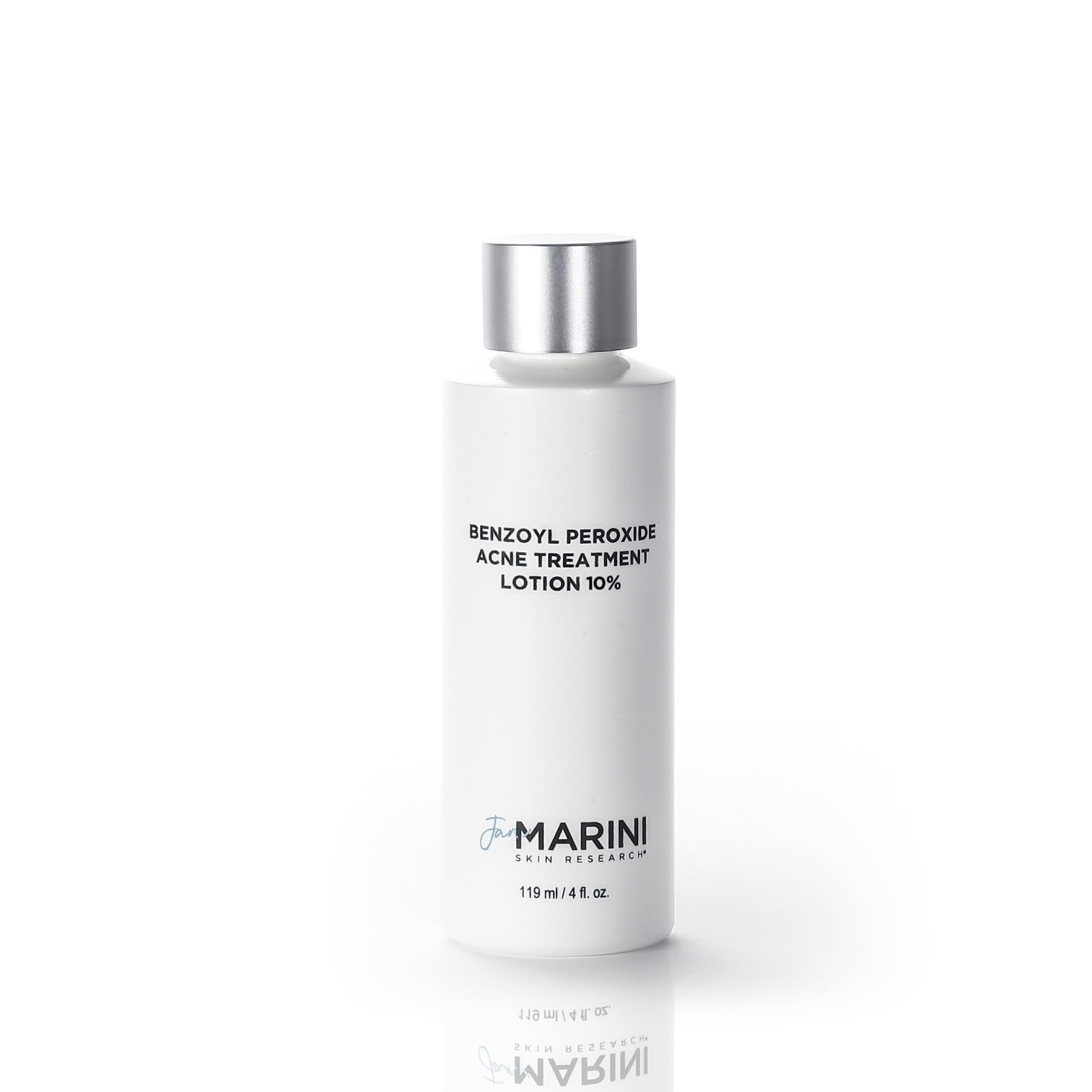 Jan Marini Benzoyl Peroxide 10% lotion bottle targets acne-prone skin for clearer areas.