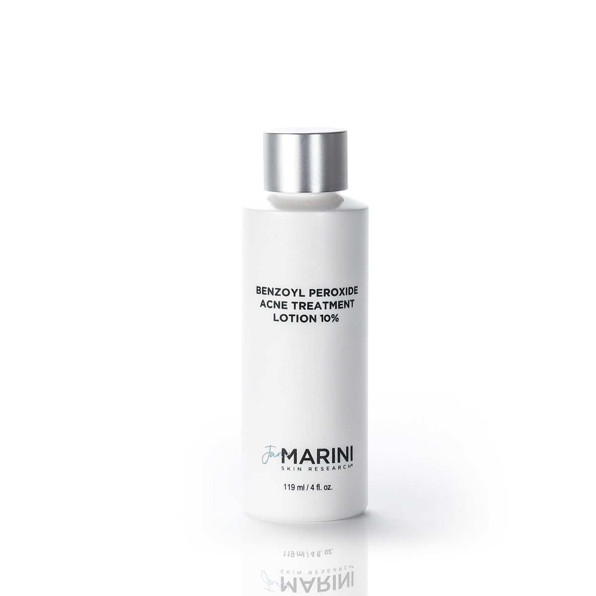 Jan Marini Benzoyl Peroxide 10% lotion bottle targets acne-prone skin for clearer areas.