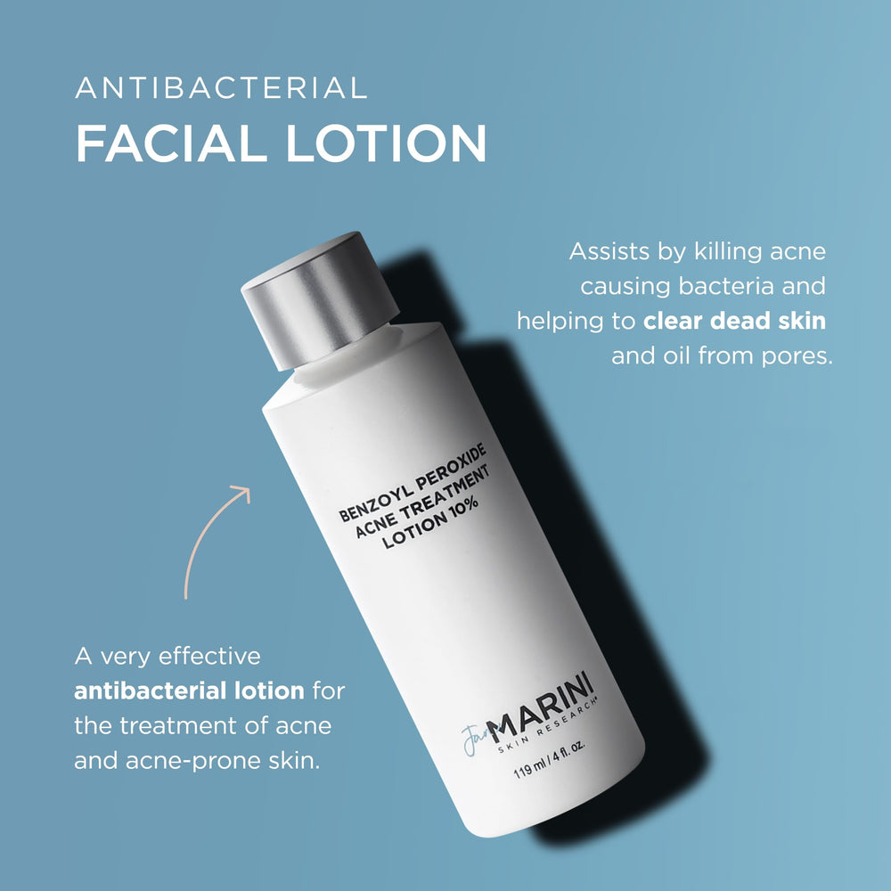 Jan Marini Benzoyl Peroxide 10% lotion label close-up highlights concentration.
