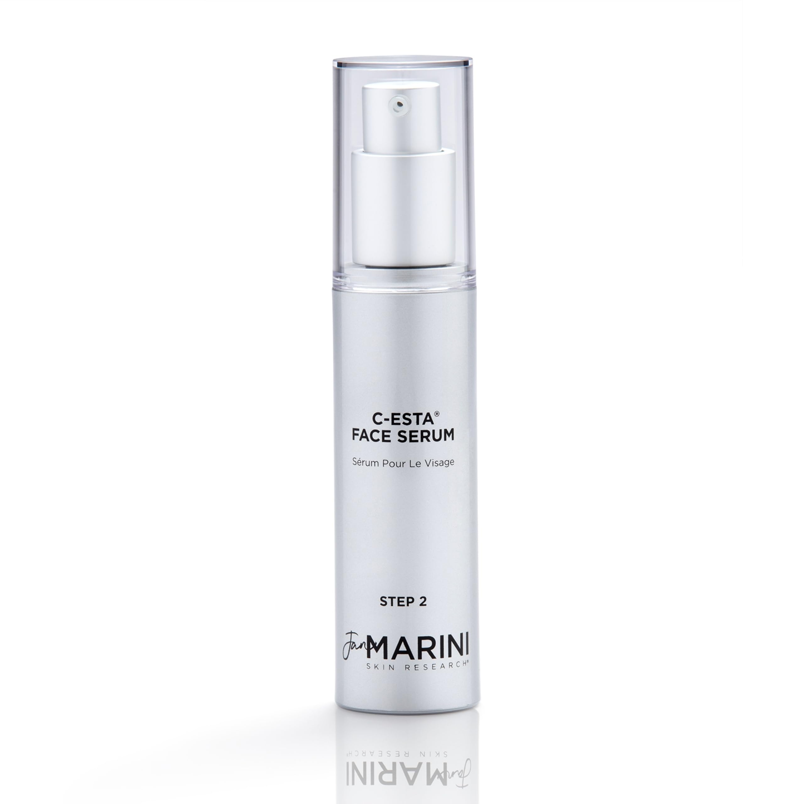 Jan Marini C-ESTA Serum bottle on a clean vanity for daily antioxidant hydration.