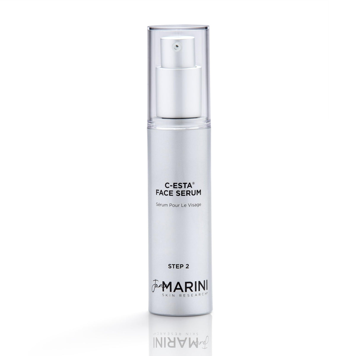 Jan Marini C-ESTA Serum bottle on a clean vanity for daily antioxidant hydration.