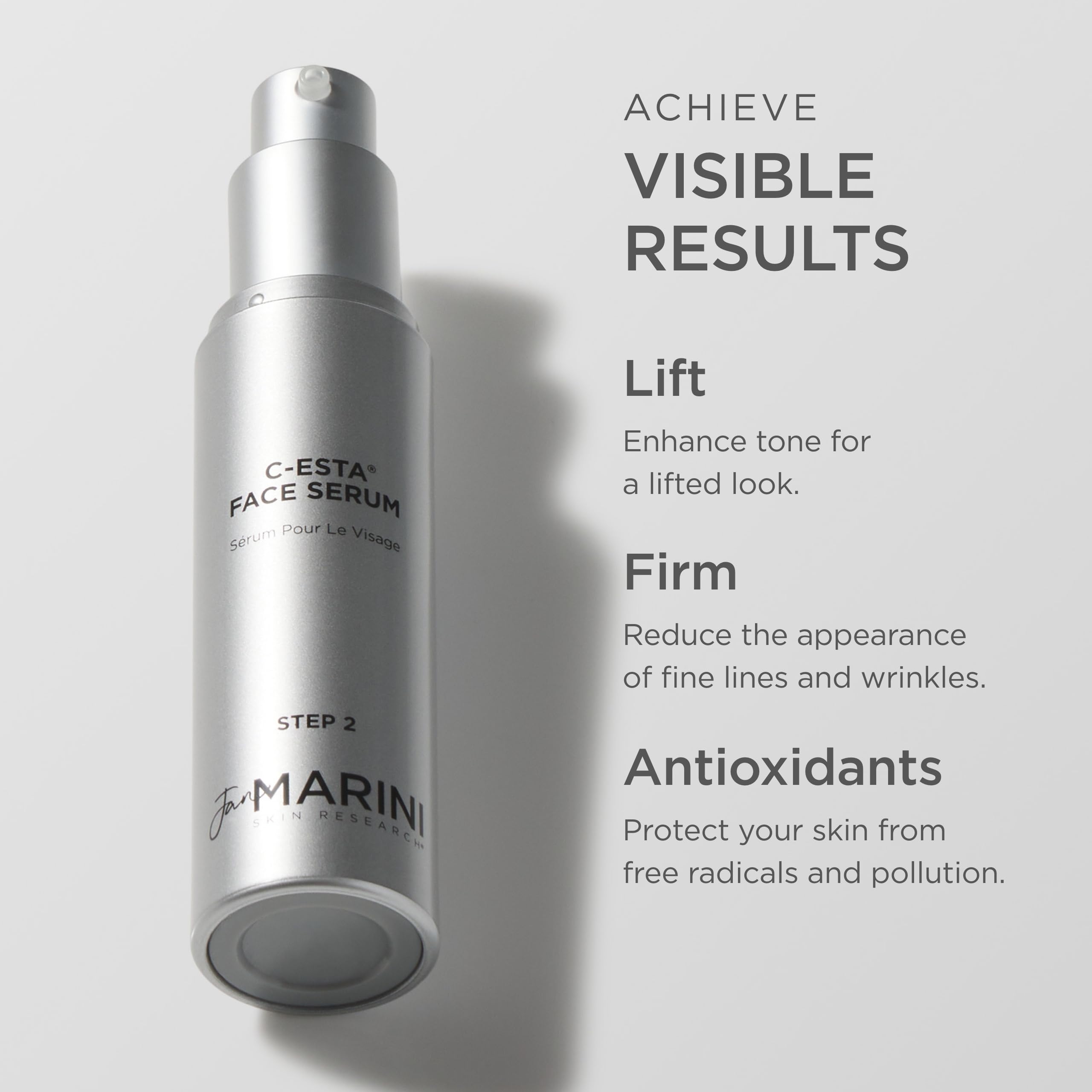 Jan Marini C-ESTA Serum ingredients close-up highlights antioxidant vitamins.