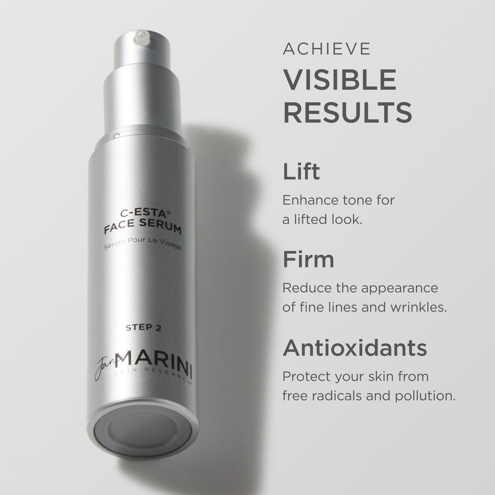 Jan Marini C-ESTA Serum ingredients close-up highlights antioxidant vitamins.
