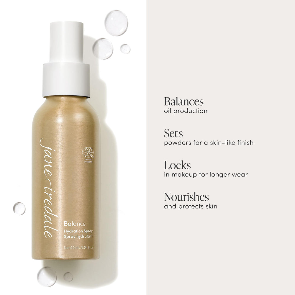 Jane Iredale Balance Hydration Spray mist delivering a dewy finish and refreshed complexion