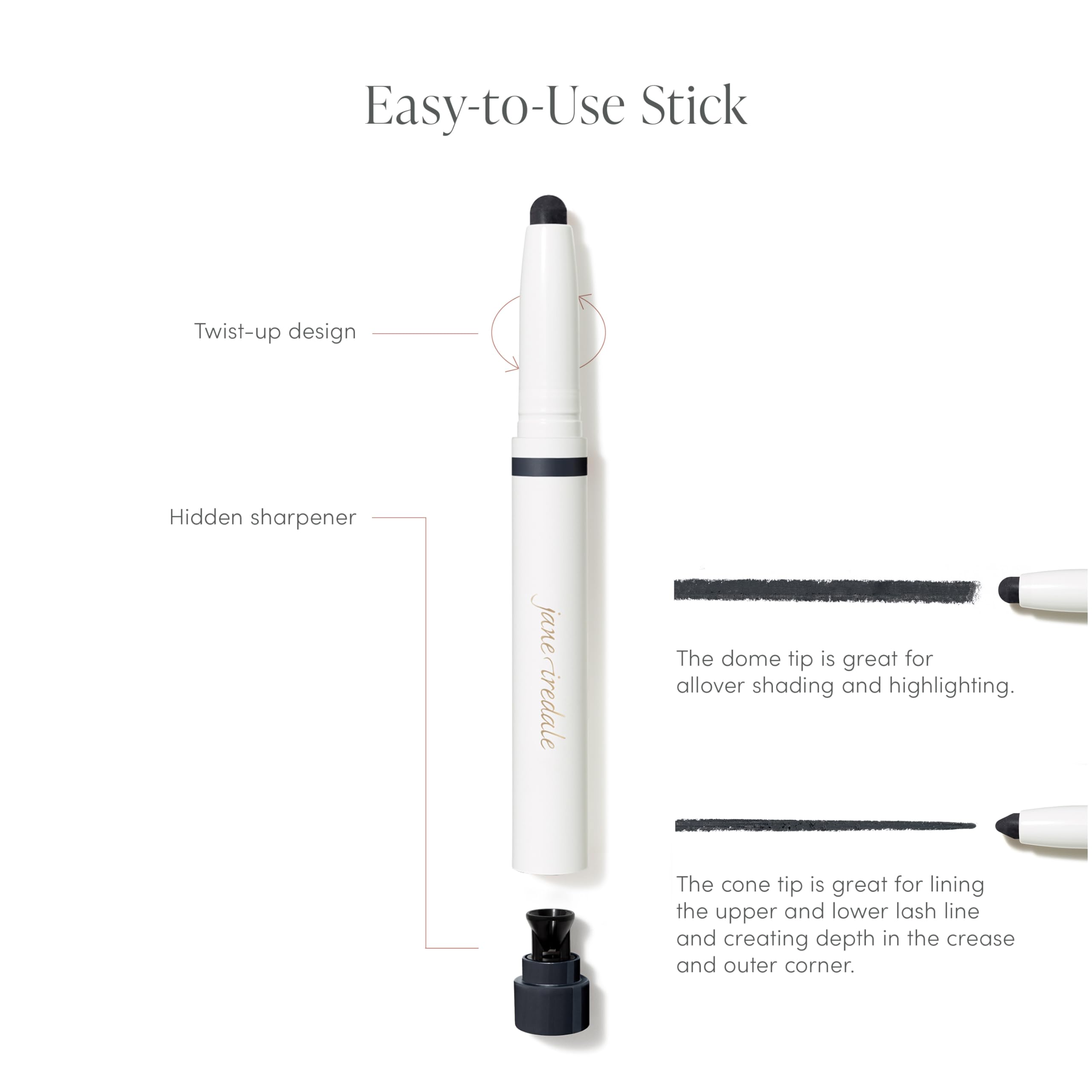 Jane Iredale ColorLuxe Eye Shadow Stick Rosé includes built-in sharpener for touch-ups.