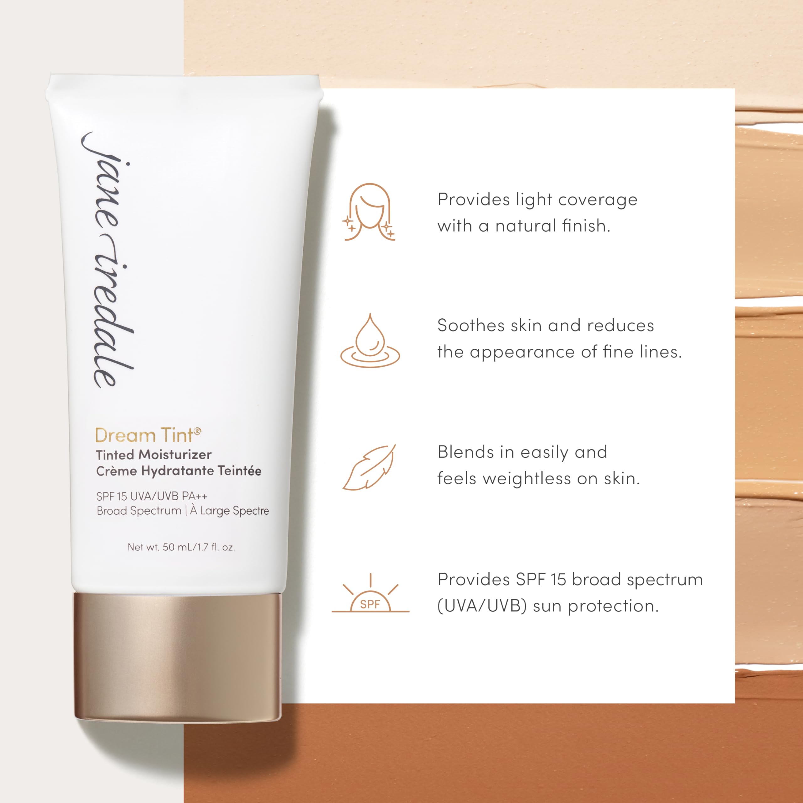 Jane Iredale Dream Tint Medium swatch shows natural finish and even coverage.