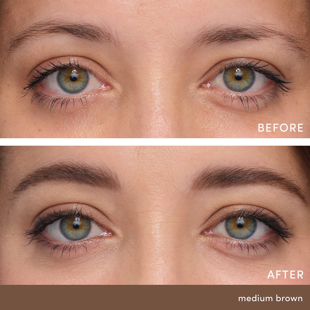 Jane Iredale PureBrow Brow Gel swatch in Medium Brown adds natural color and depth.