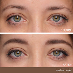 Jane Iredale PureBrow Brow Gel swatch in Medium Brown adds natural color and depth.