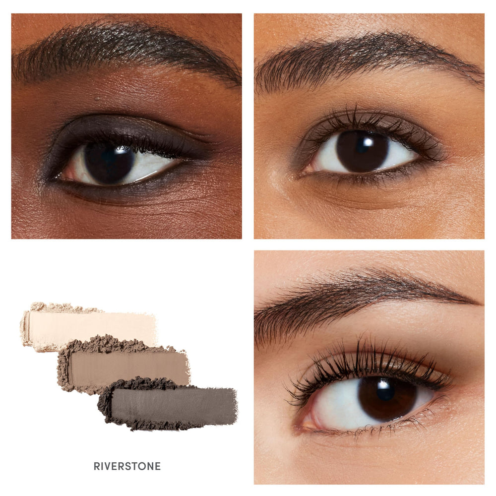 Jane Iredale PurePressed Eye Shadow Triple Riverstone shows crease-resistant wear potential on skin.