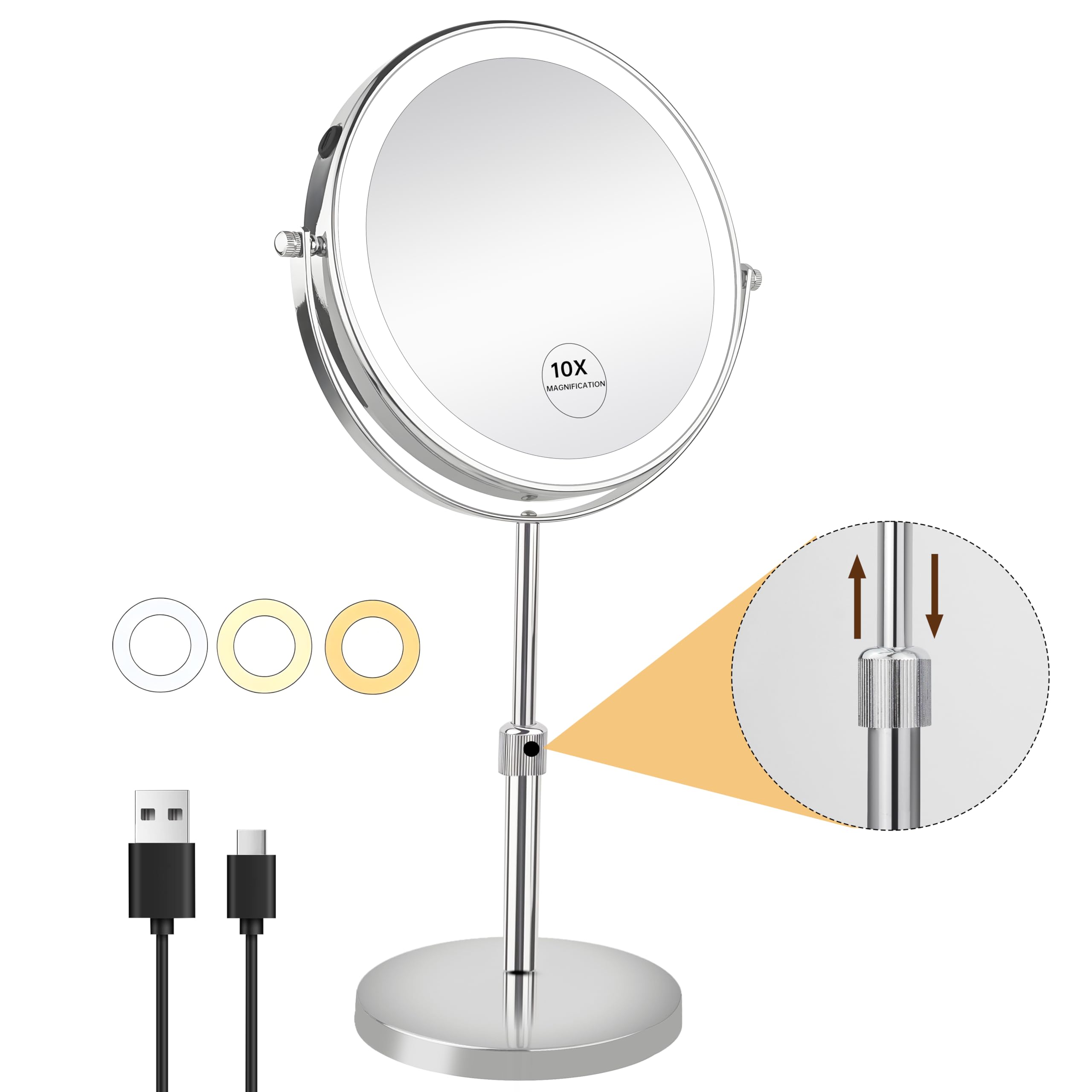 JANEEVA 10X lighted mirror with 3 modes for customized makeup lighting.