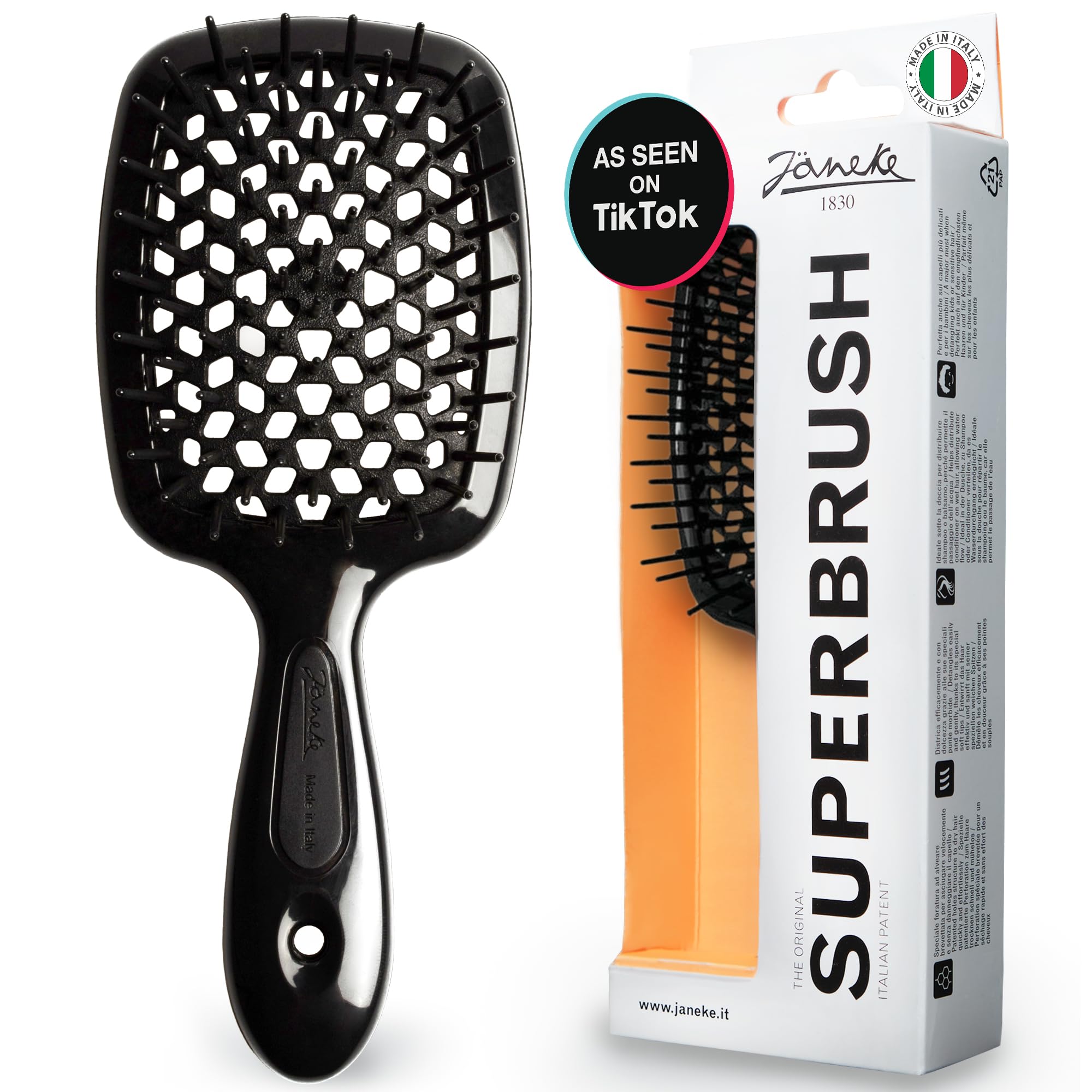 Janeke Superbrush showing vented honeycomb design for faster drying and reduced heat exposure