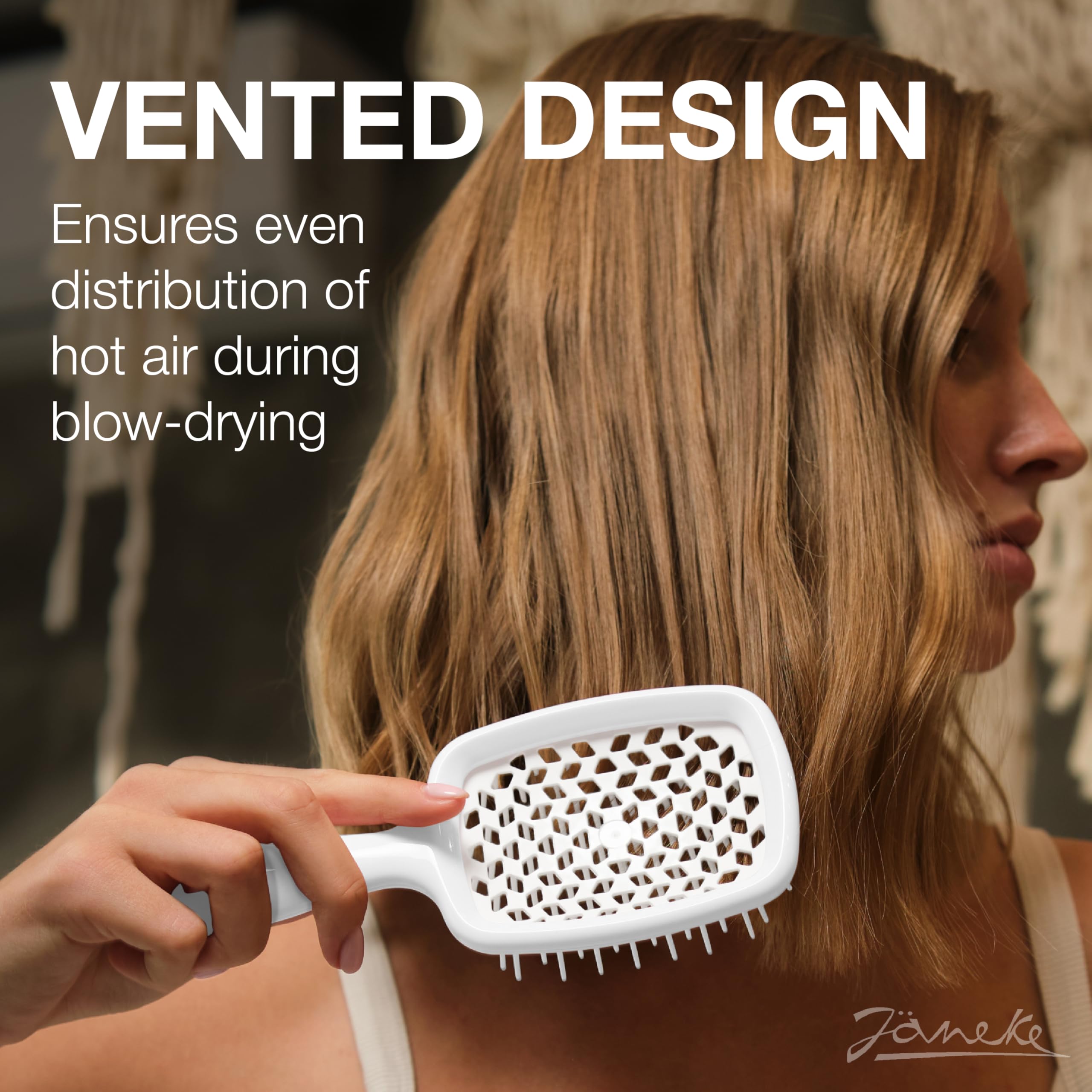 Janeke Superbrush vented honeycomb design demonstrates faster air flow for quicker blow-drying.