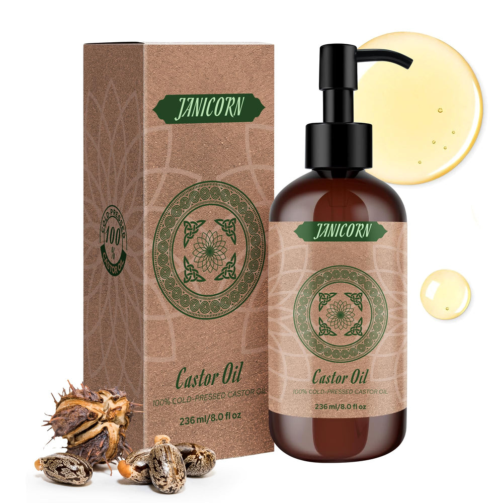 JANICORN castor oil bottle closeup, pure and hexane-free for skin and hair care
