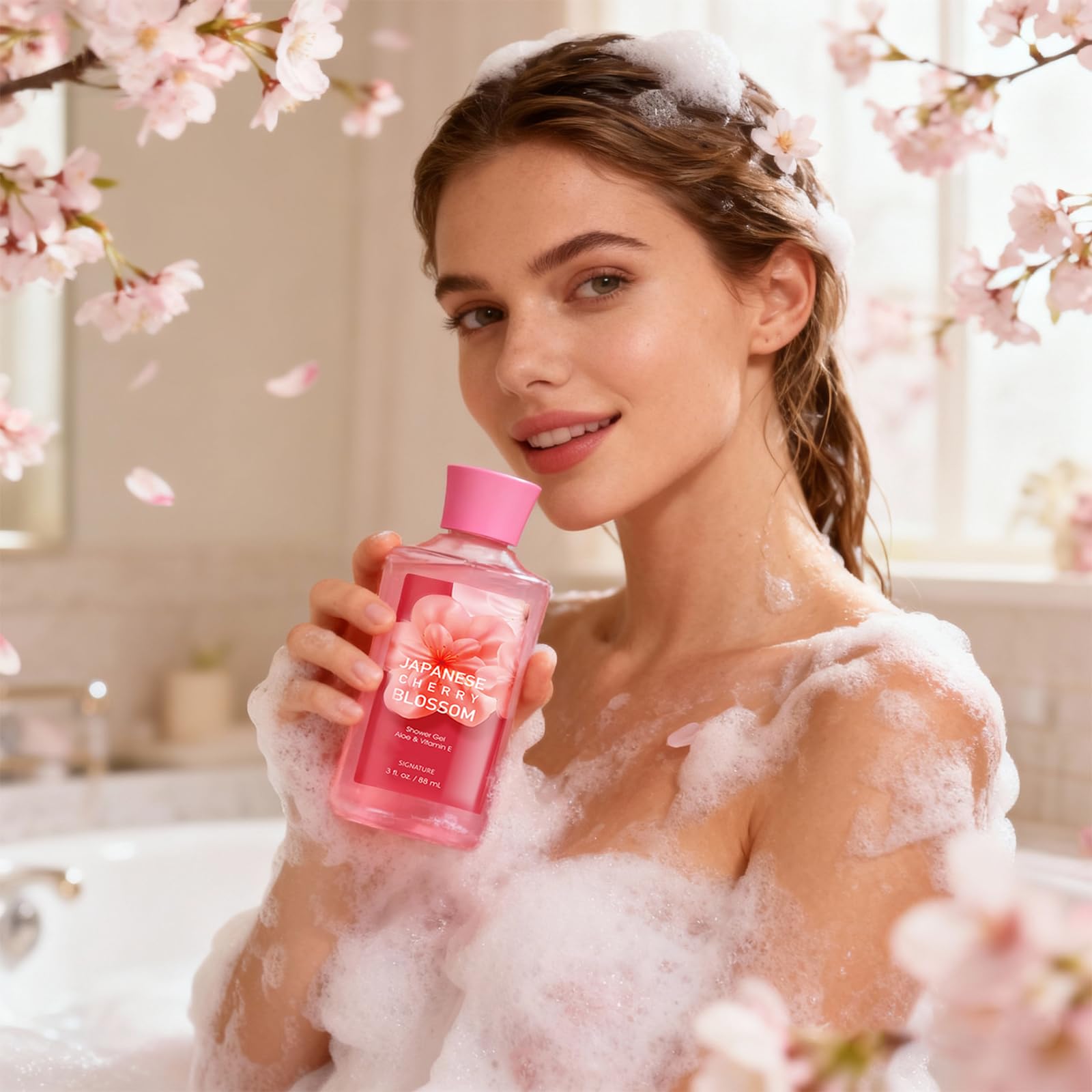 Japanese Cherry Blossom Spa Set body lotion bottle delivering silky hydration and soft skin.