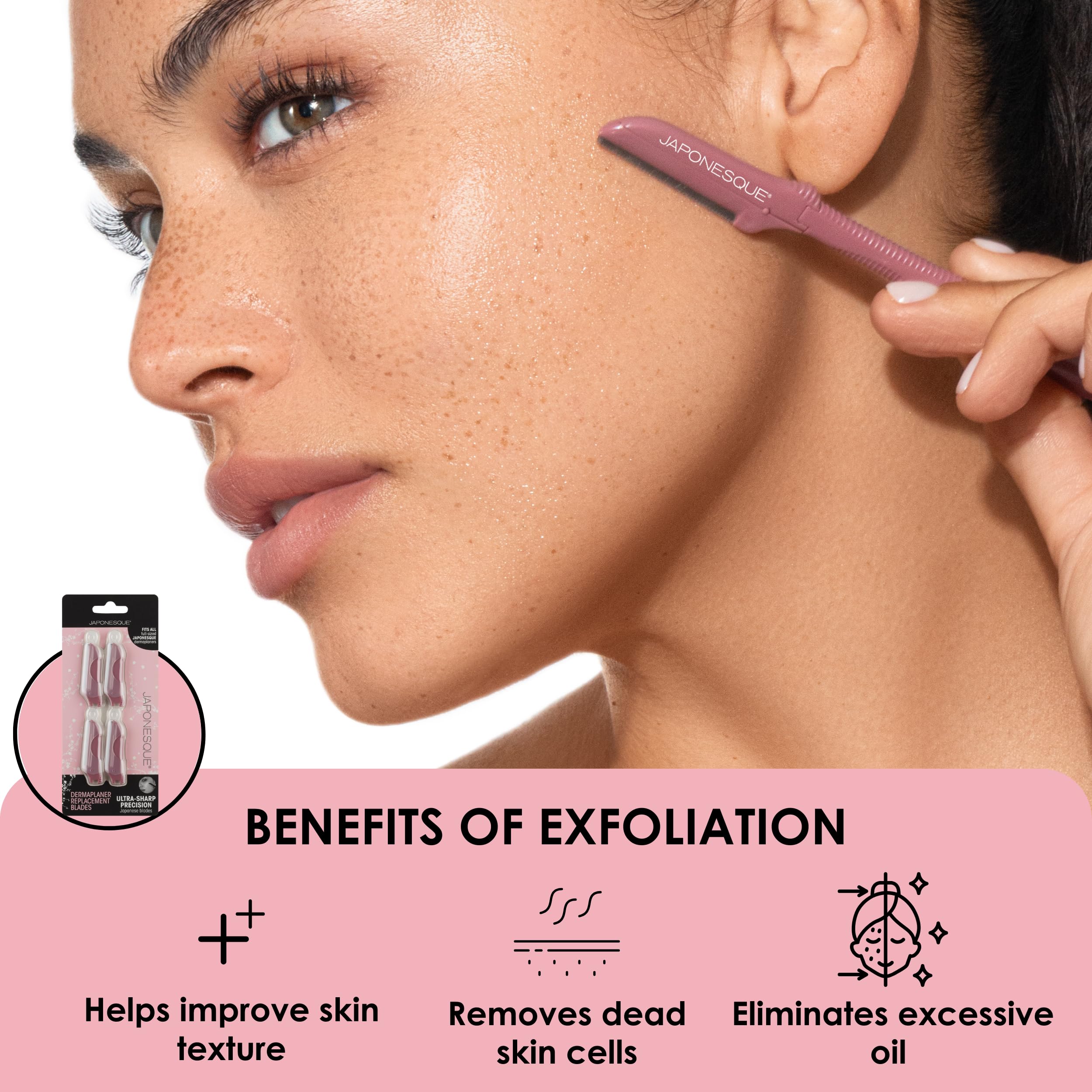 JAPONESQUE Dermaplaner blades close-up: ultra-sharp stainless steel for precise peach fuzz removal.