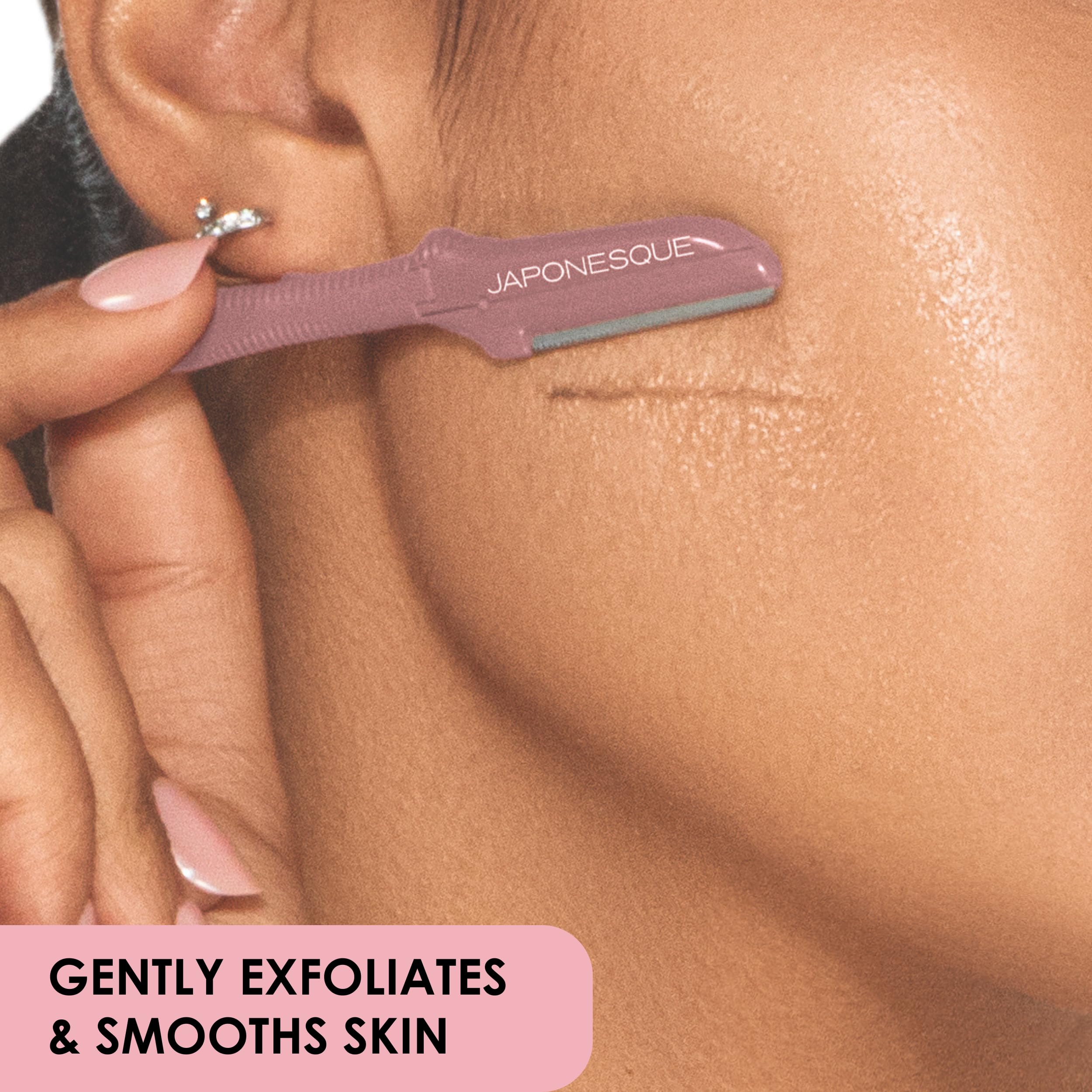 JAPONESQUE dermaplaner blades in use on facial area for thorough hair removal.