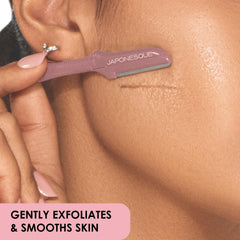 JAPONESQUE dermaplaner blades in use on facial area for thorough hair removal.
