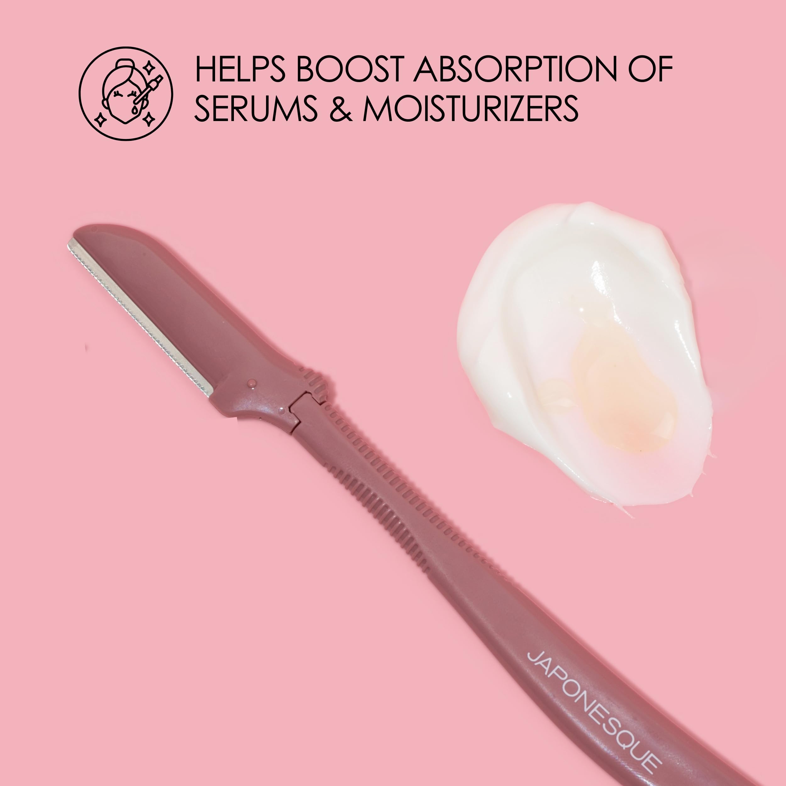JAPONESQUE blades removing peach fuzz and dead skin buildup for smoother skin.