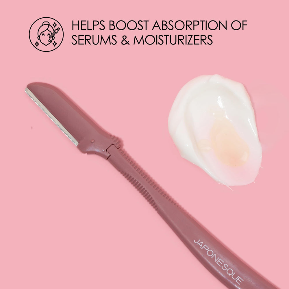JAPONESQUE blades removing peach fuzz and dead skin buildup for smoother skin.