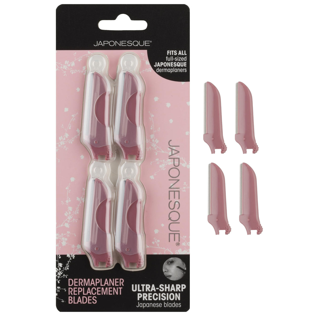 JAPONESQUE dermaplaner replacement blades 4-pack packaging showing eco-friendly refills for razor heads.