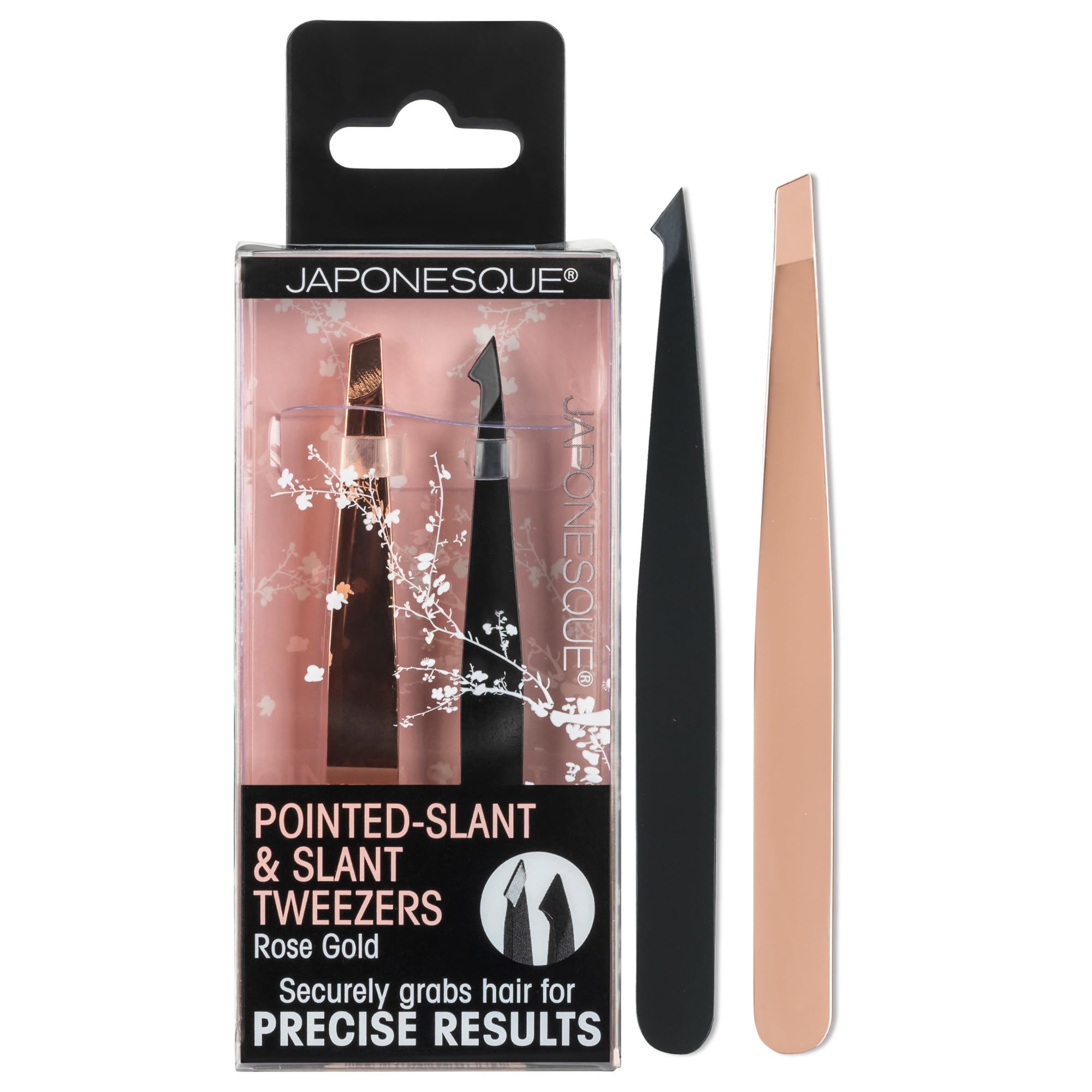 JAPONESQUE Power Duo tweezers in rose gold slant closeup for precise brow shaping.