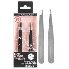 JAPONESQUE slant-tip brow tweezers ensure clean shaping with precise angles.