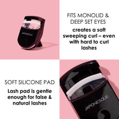 JAPONESQUE Travel Eyelash Curler bonus pad inside aids reliable curl maintenance before mascara.