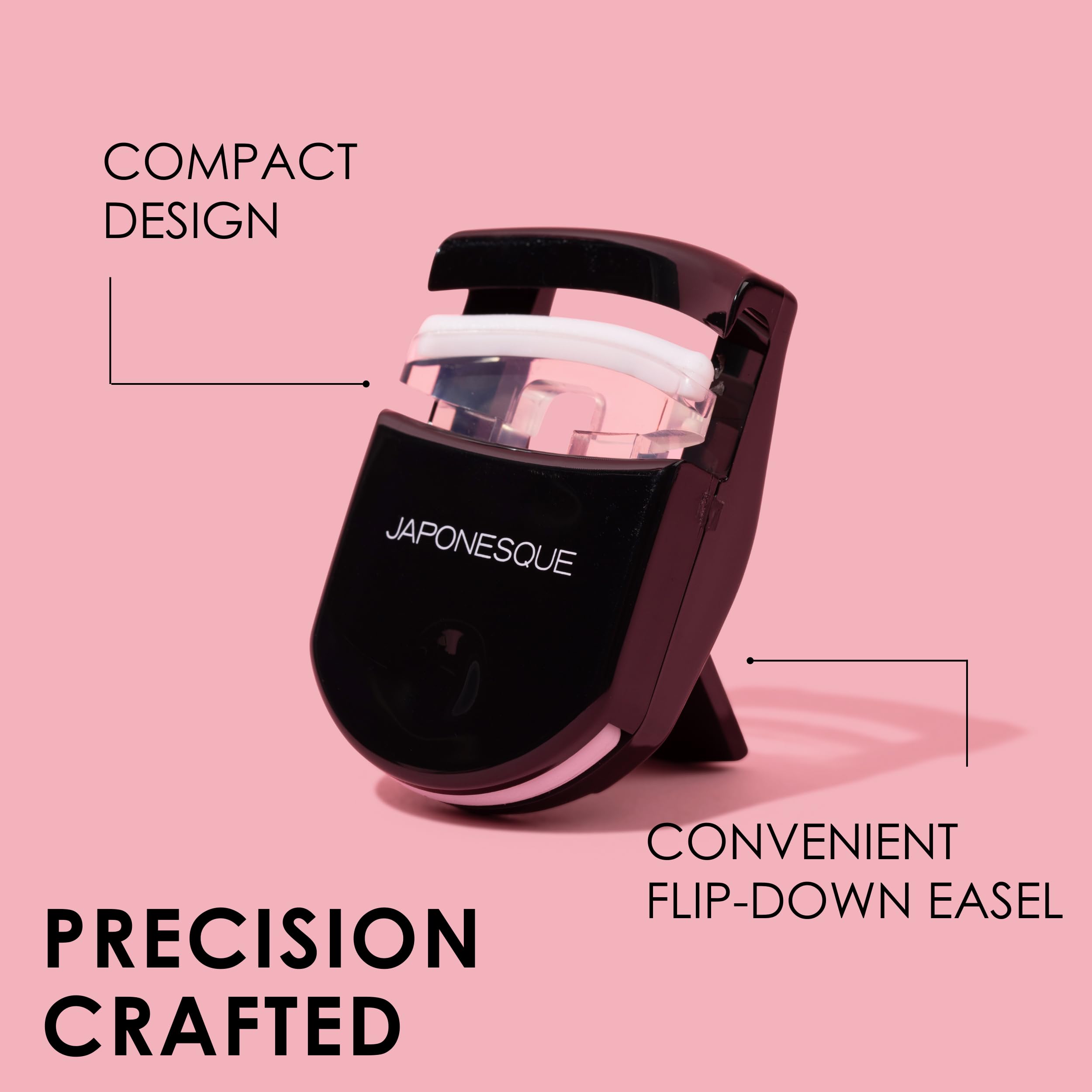 JAPONESQUE Travel Eyelash Curler open cage capture emphasizes versatile eye-shape fit.