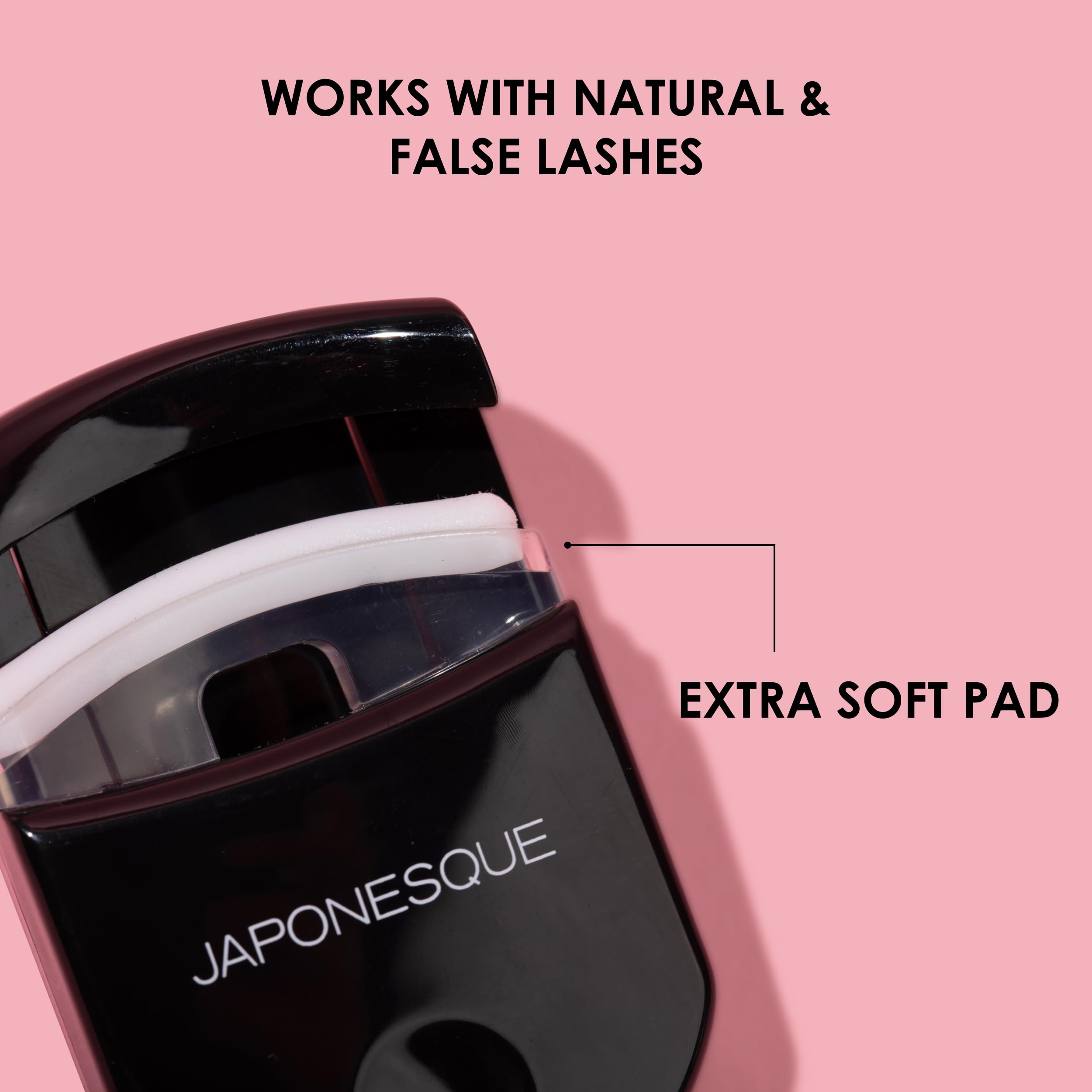 JAPONESQUE Travel Eyelash Curler open cage shows comfortable fit for many eye shapes.