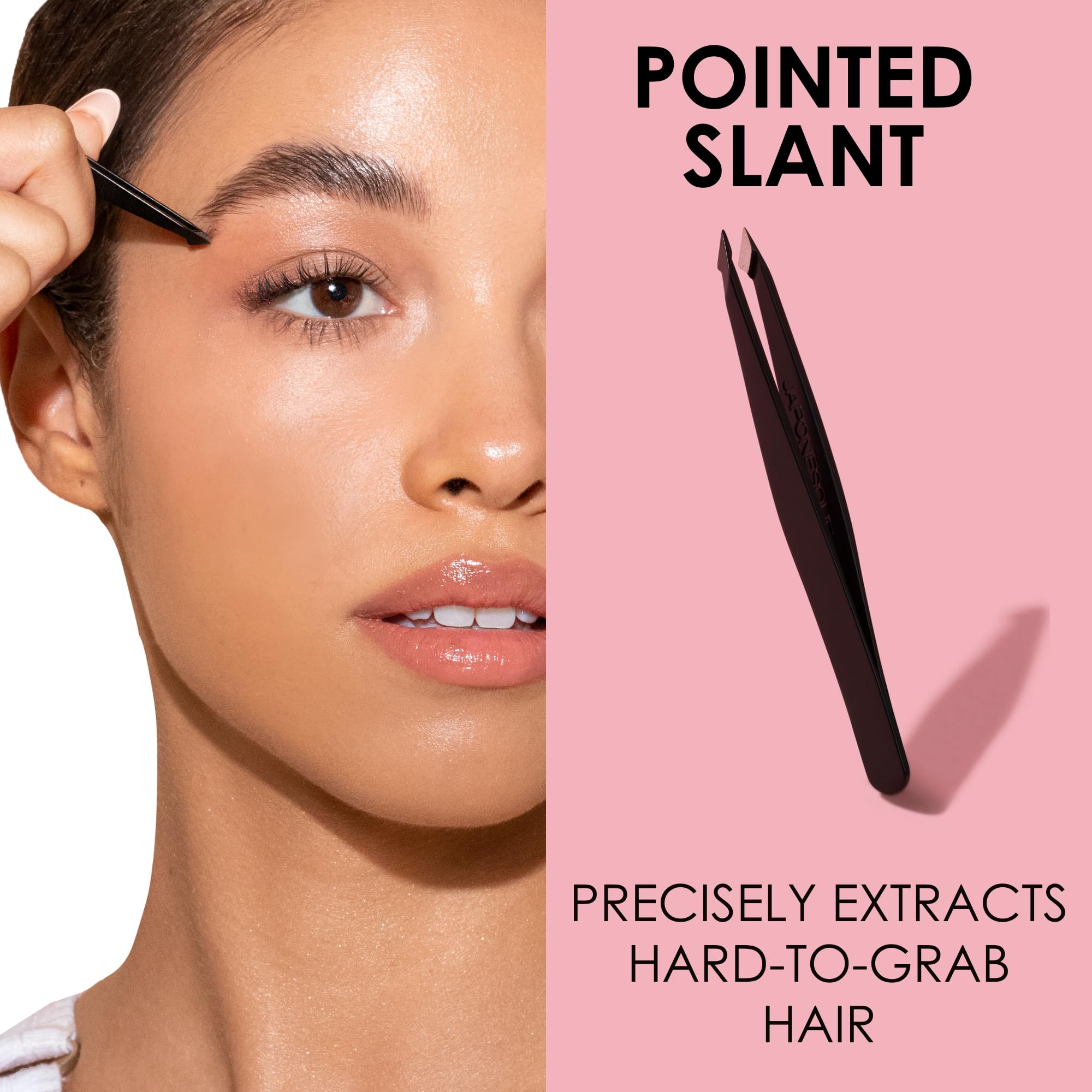 JAPONESQUE tweezers in use shaping brow with steady grip.