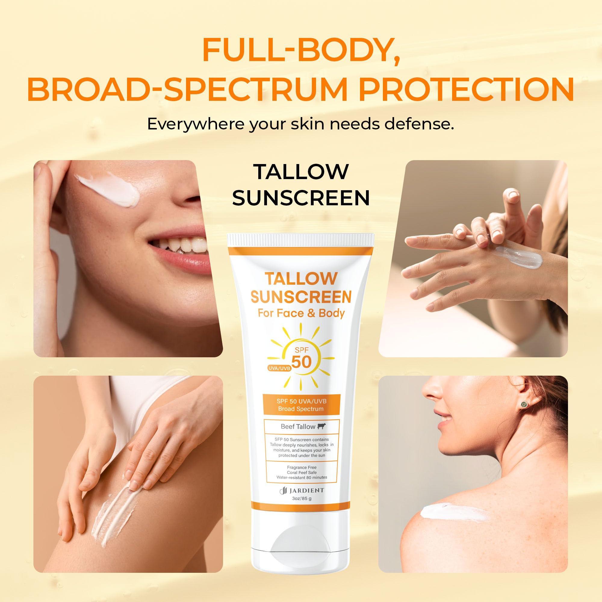Jardient Beef Tallow Sunscreen family-safe packaging suggests gentle protection for all ages
