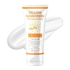 Jardient Beef Tallow Sunscreen SPF50 bottle shows mineral protection with a non-greasy finish