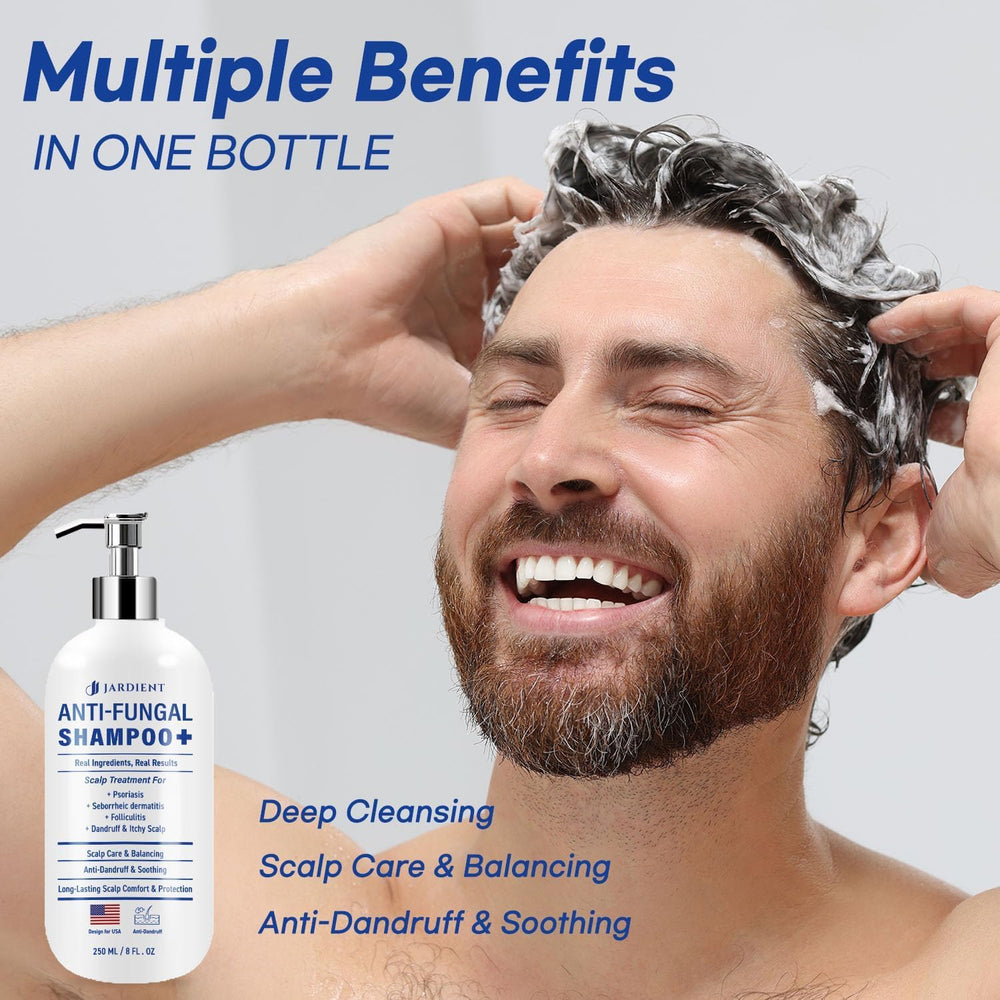 Jardient psoriasis shampoo pour-action demonstrates easy scalp application.