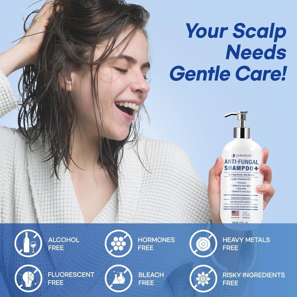 Jardient psoriasis shampoo rinse step conveys clean, breathable scalp.