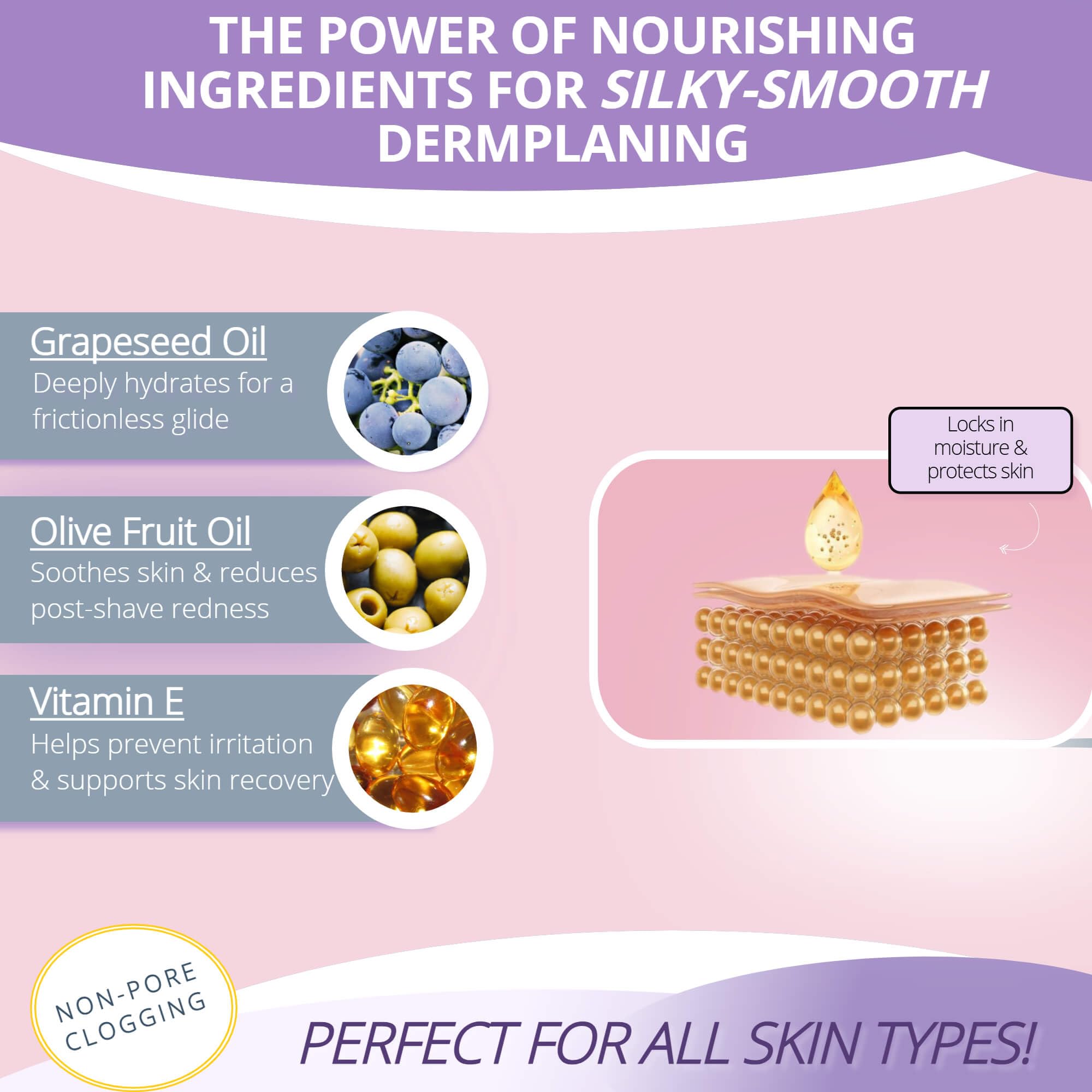 Jasclair Dermaplaning Oil dispense close-up demonstrates easy application for pre-shave prep