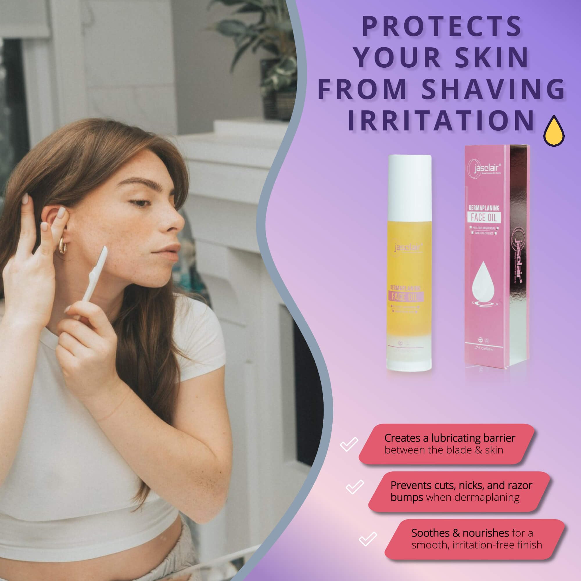 Jasclair Dermaplaning Oil ingredients panel highlights plant-based formula supporting sensitive skin