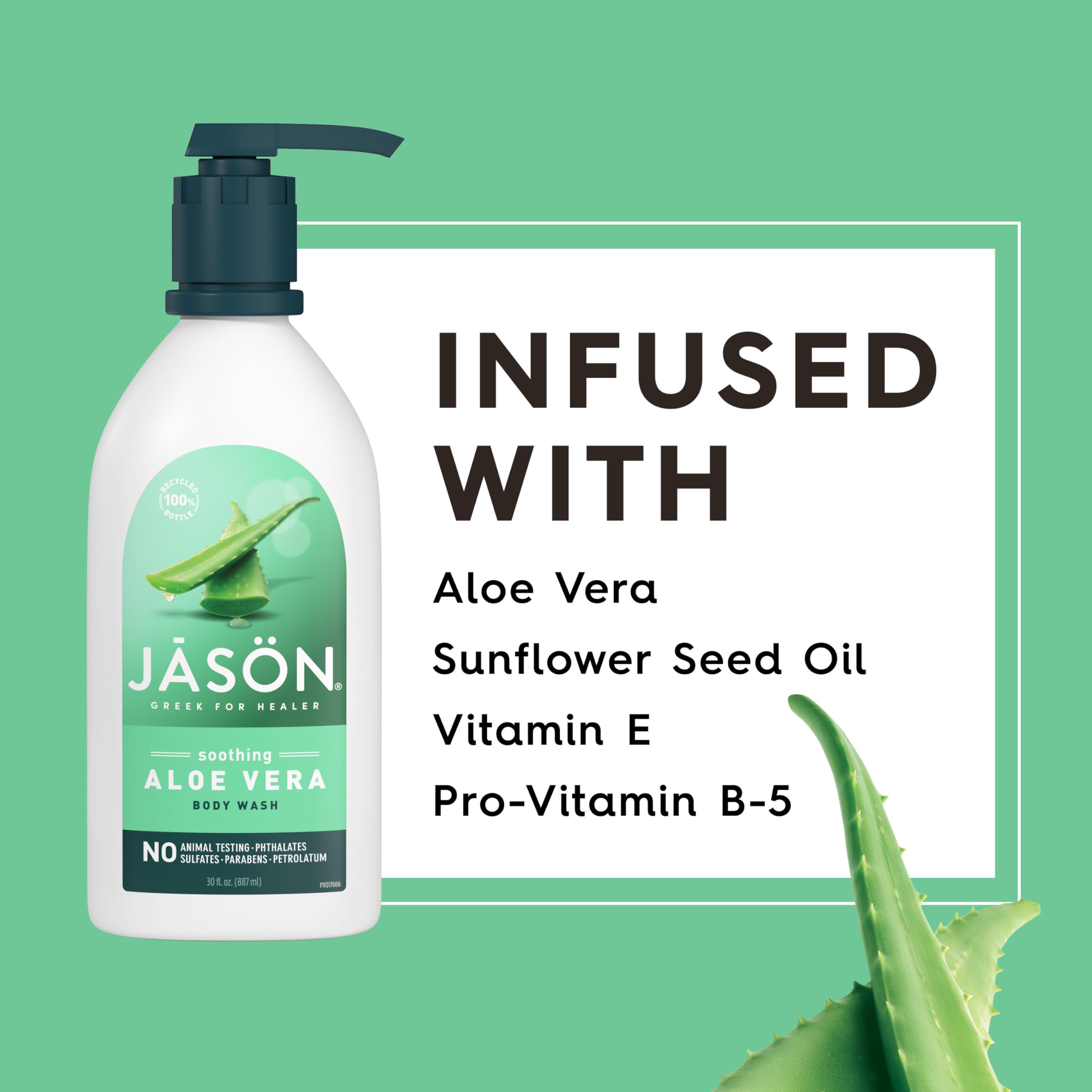 JASON Aloe Vera Shower Gel closeup-ingredients emphasizes vitamin E and pro-vitamin B5.