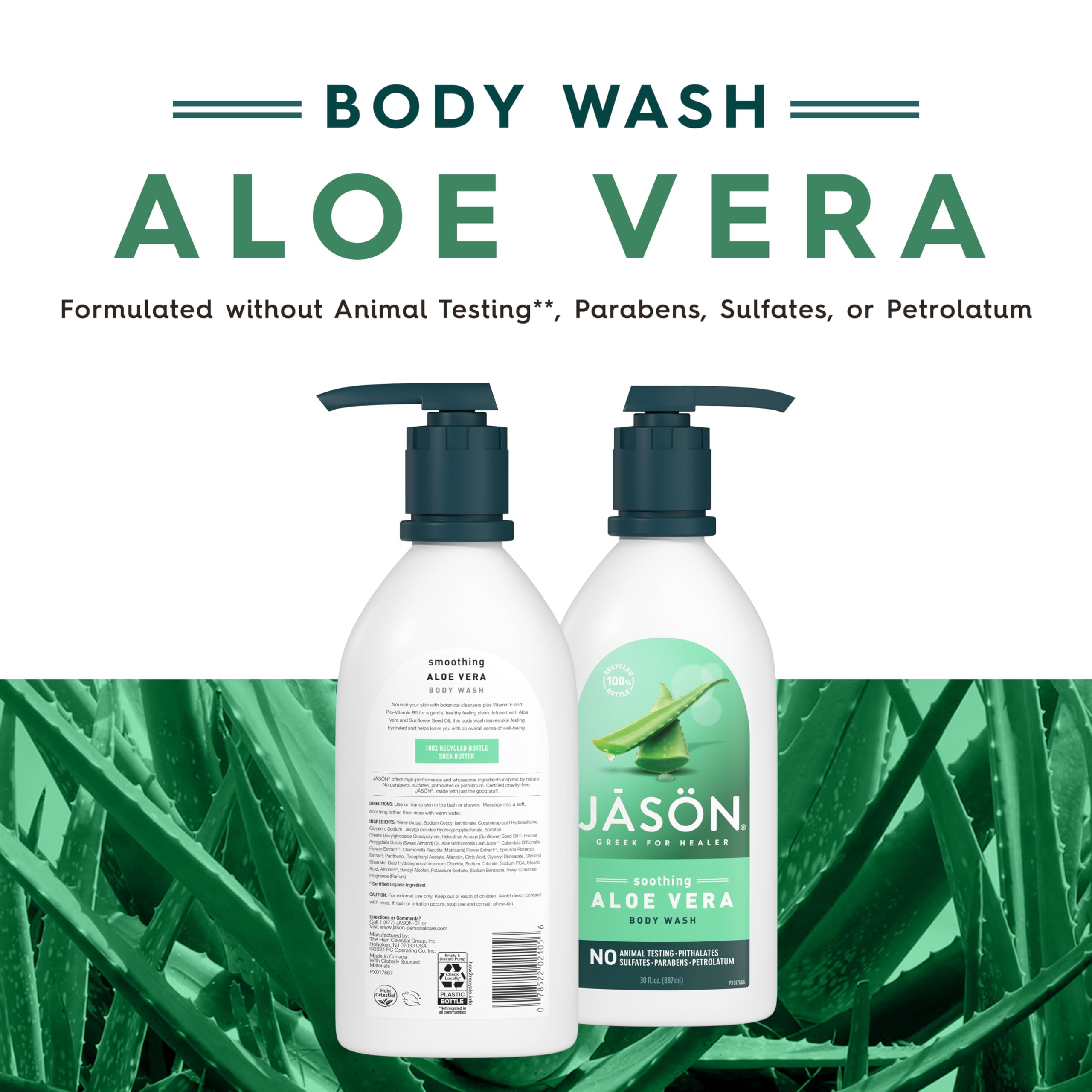 JASON Aloe Vera Shower Gel pour-action illustrates soothing lather and nourishment.