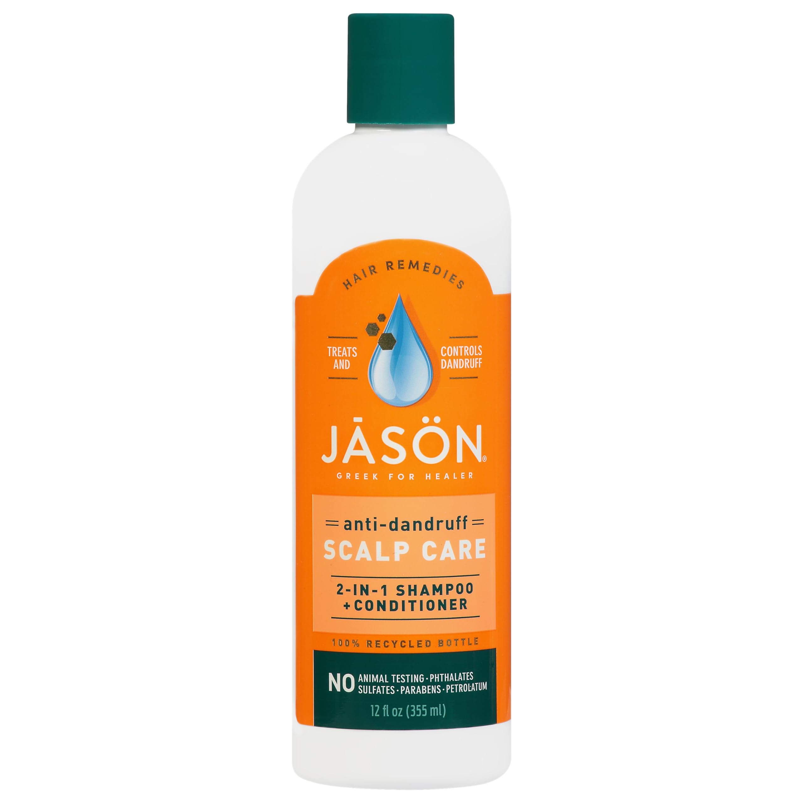 Jason Dandruff Relief 2-in-1 bottle illustrates medicated formula for clean scalp and manageable hair.