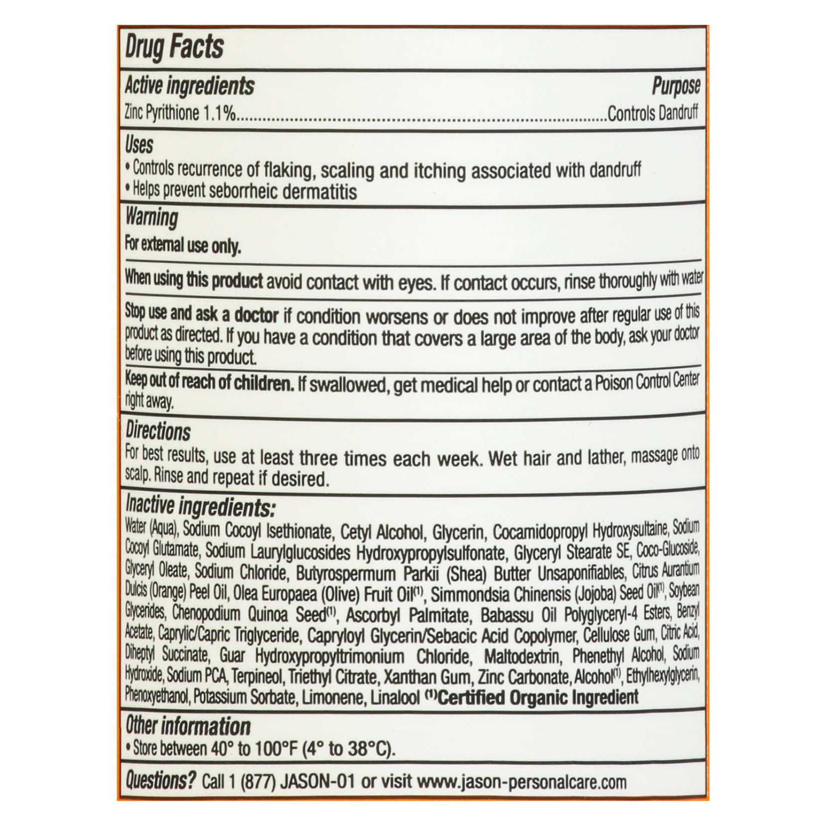Jason Dandruff Relief 2-in-1 bottle label highlights natural ingredients and parabens-free formula.