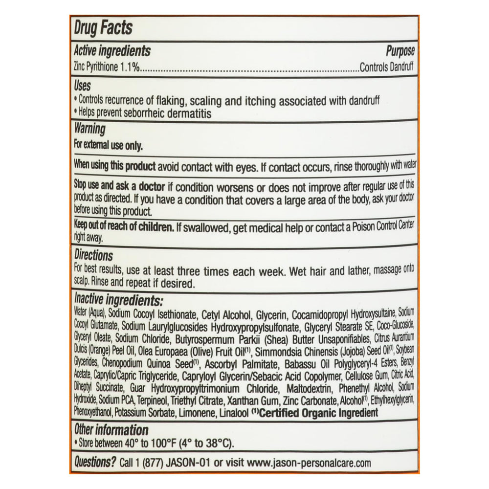 Jason Dandruff Relief 2-in-1 bottle label highlights natural ingredients and parabens-free formula.