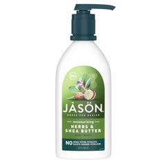 JASON Herbs and Shea Butter Body Wash bottle shows a moisturizing lather for gentle cleansing