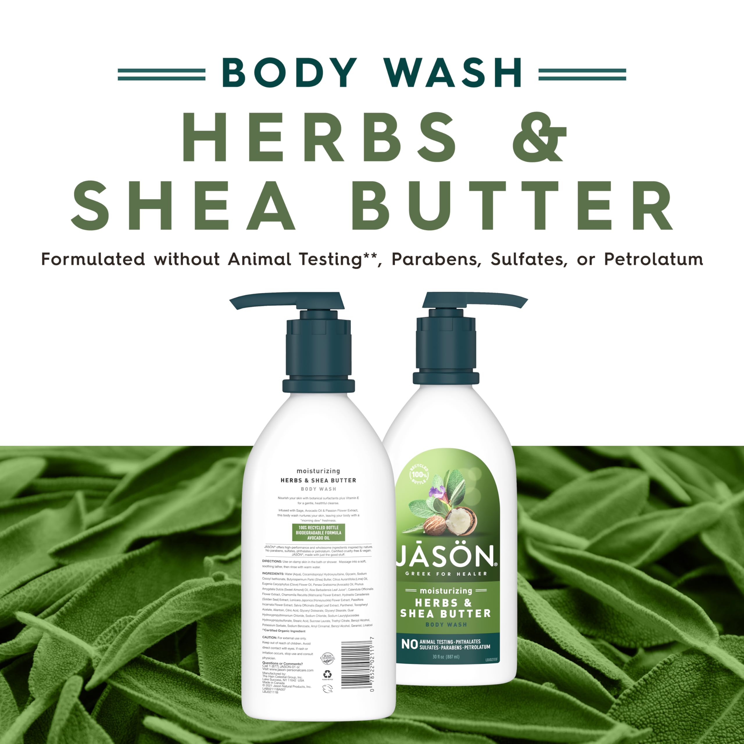 JASON body wash closeup with botanicals highlighting soothing extracts for nourished skin