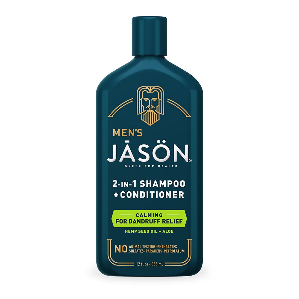 Jason Men's Calming 2-in-1 Shampoo and Conditioner bottle—soothing cleanse for dry scalp.