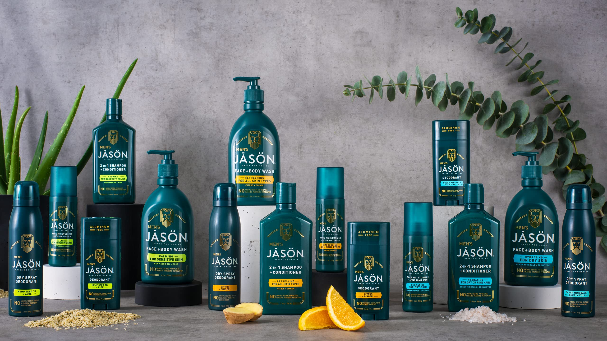 Jason Shampoo and Conditioner label closeup—ingredient list including hemp oil and zinc pyrithione.