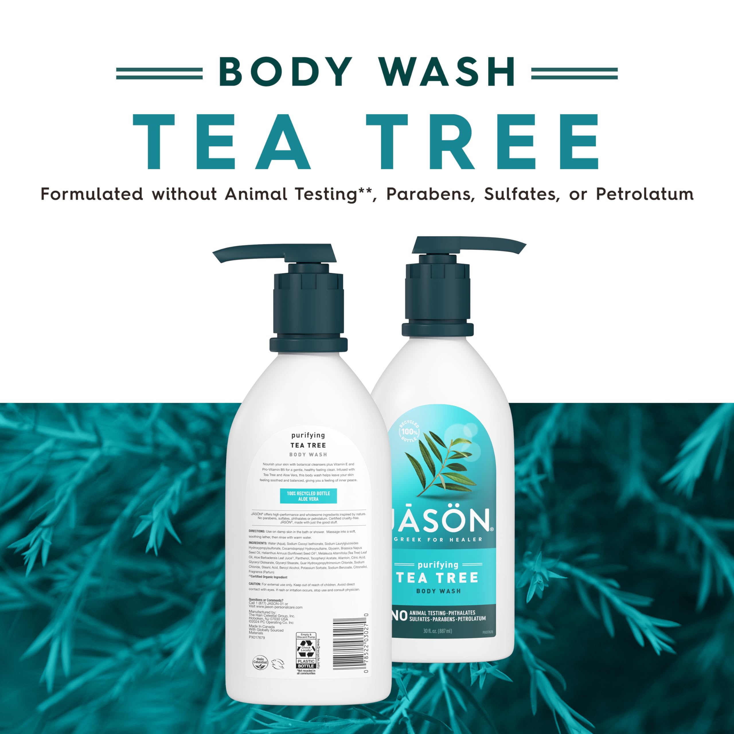 JASON Tea Tree Purifying Body Wash pump image for quick, refreshing post-workout cleanse.