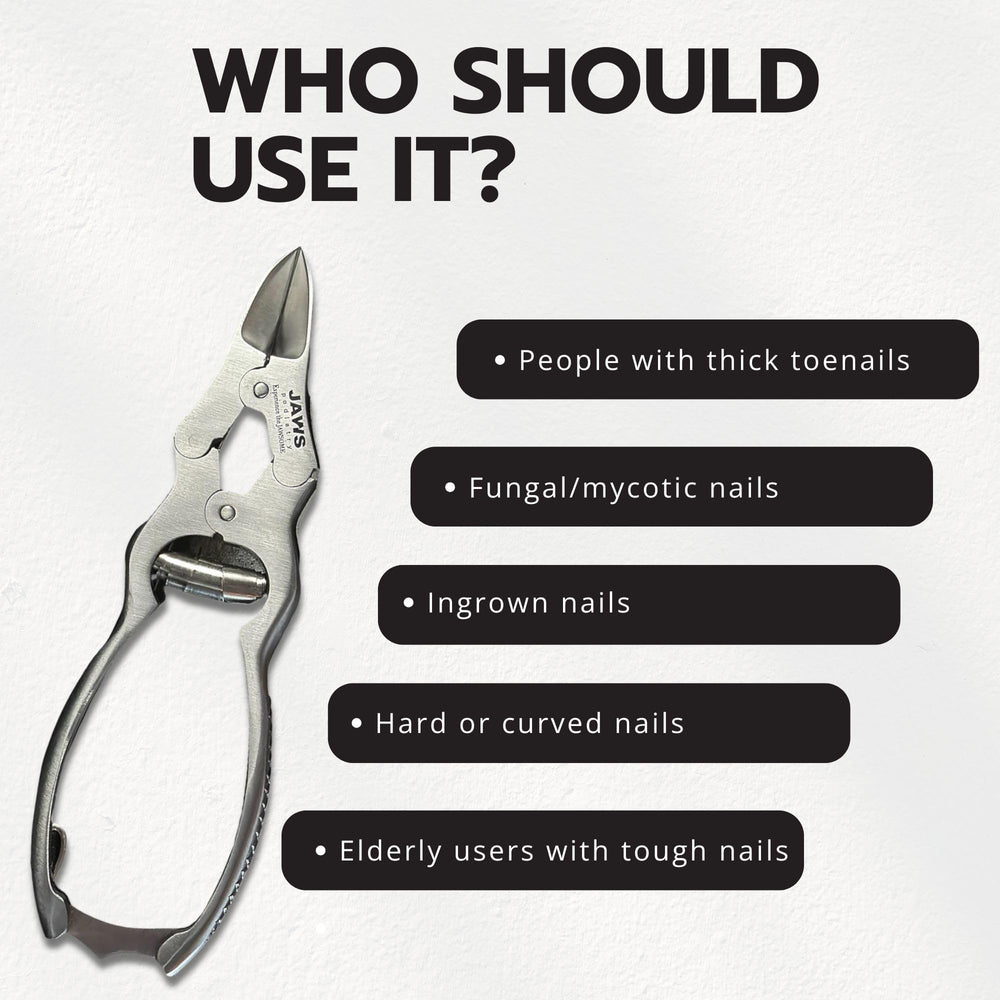 Jaws Podiatry double-action nail nipper grip, extra leverage reduces hand strain.