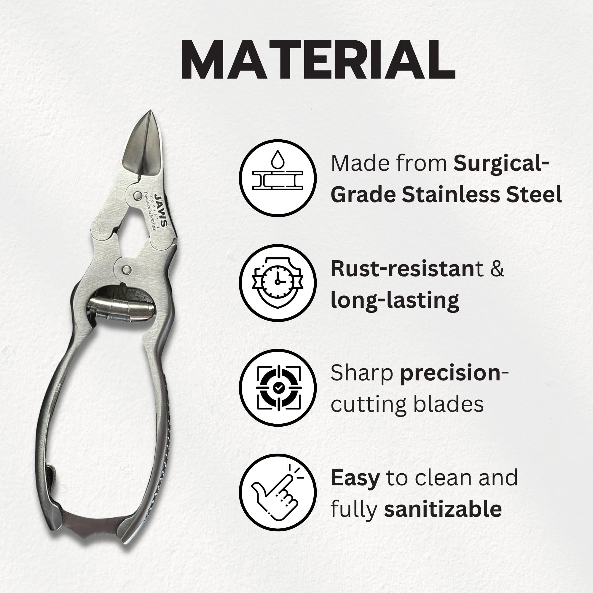 Jaws Podiatry large surgical toe nail clippers, side view, showing sturdy construction and leverage.