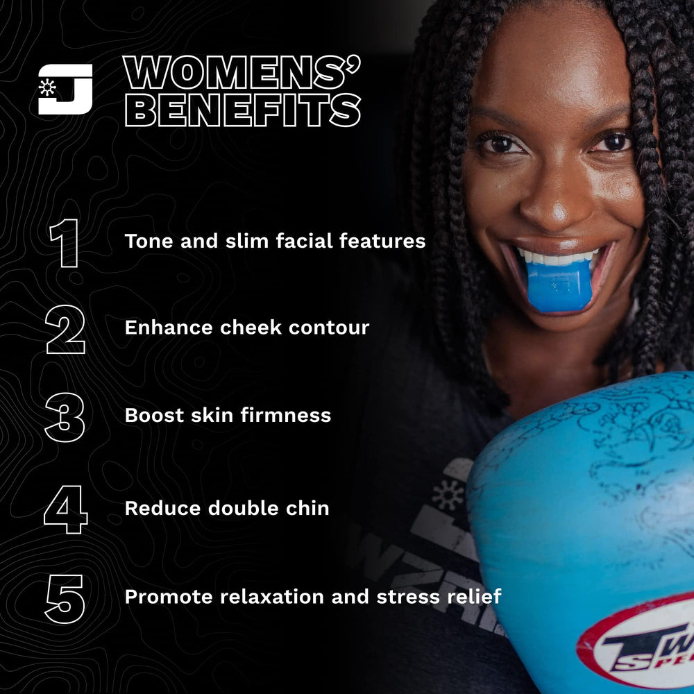 Jawzrsize face-toning on-the-go image showcases convenient cheek and jaw muscle toning.