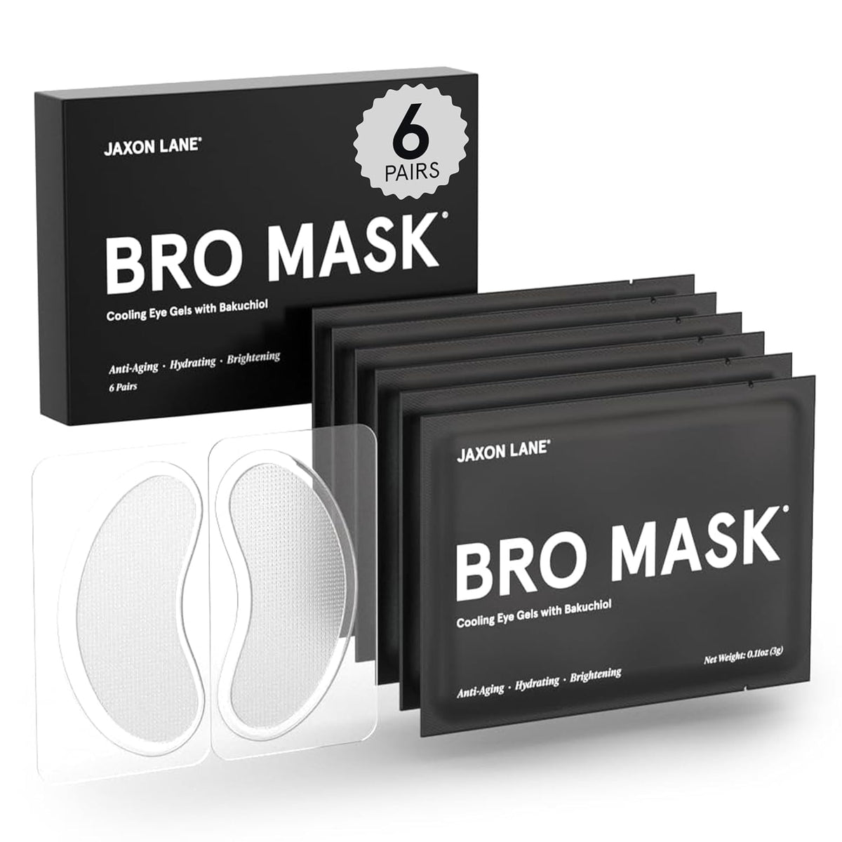 JAXON LANE BRO MASK under-eye patches box with six hydrogel pads for refreshed eyes.